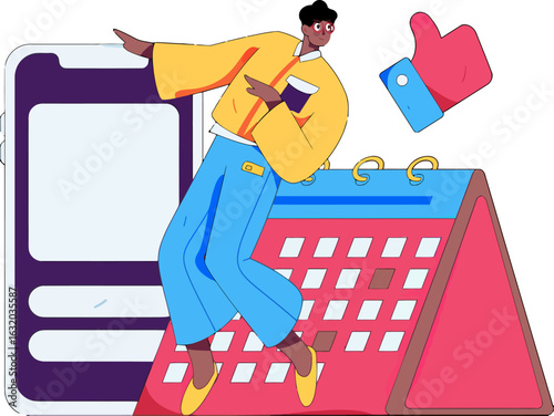 Boost your social media engagement with a vibrant illustration representing content scheduling, community growth, and positive feedback for marketing campaigns and time management
