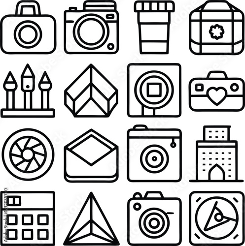 Collection of simple outline icons featuring cameras buildings and geometric shapes for digital design and branding