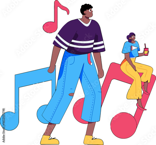 Stylish friends enjoying trendy music festival with bright colors and catchy tunes, embodying vibrant youth culture, perfect for social media campaigns and music streaming service promotions