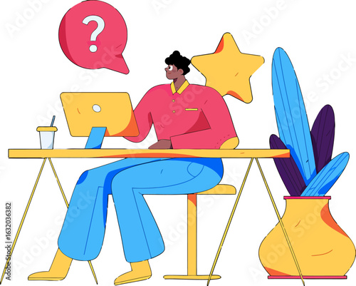 Confused professional working at desk with computer and question mark, seeking answers and solutions, reaching for star of success, symbolizing creative and innovative problem solving