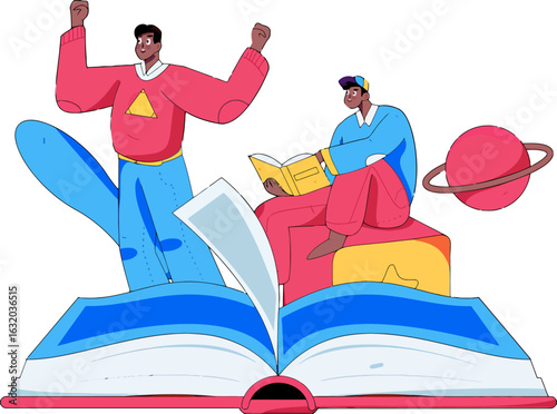 Excited students explore new worlds through reading and education, embracing learning and discovery, fostering imagination and growth, finding inspiration and adventure in stories, celebrating knowled