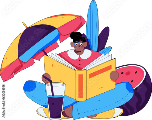 Enjoying summer reading with refreshing drink under colorful umbrella, perfect for lifestyle blogs, educational content, or whimsical designs, bringing a vibrant and joyful feel