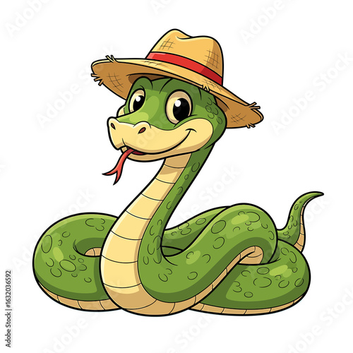 Cute cartoon snake wearing a straw hat