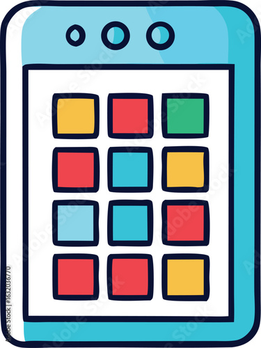Colorful grid of squares on a digital device screen with stylized buttons at the top