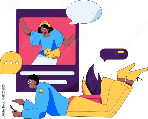 Stay connected and share your vibrant moments with friends online using this lively social media illustration, perfect for showcasing digital lifestyles and virtual community engagement