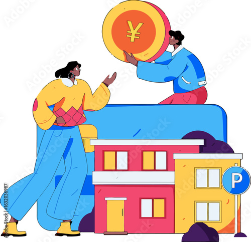 Invest in real estate and watch your wealth grow illustration featuring people exchanging yuan coins near colorful buildings, representing property investment and financial growth opportunities