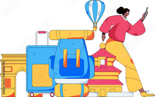 Excited traveler planning her next adventure with suitcase and backpack visiting landmarks with a hot air balloon ride, capturing the joy of exploration and discovery on a global journey
