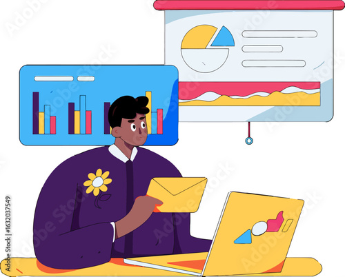 Dynamic business data presentation with modern charts and graphs, a confident professional delivers key insights with engaging visuals and a laptop to drive business growth and success