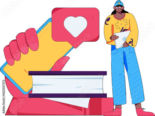 Engaging social media interaction with a like notification and a stylish student reading, perfect for online education platforms and digital learning resource promotions, ideal for back to school mark