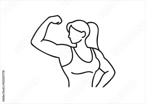 A strong female athlete with a well defined muscular physique proudly flexing her bicep showcasing her strength and fitness isolated on white background