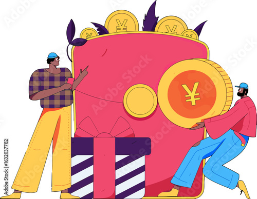 Modern cartoon illustration of two people with yuan coins, a digital wallet, and a gift box, perfect for finance, investment, and e-commerce marketing campaigns, portraying a vibrant and lucrative bus
