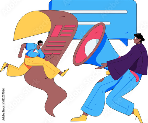 Amplify your message and chase success with dynamic marketing strategies, featuring a person running with a report and another spreading the word with a megaphone and speech bubble