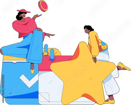 Stylish team collaborating on project priorities and deadline planning, achieving goals with calendar and star focus, perfect for teamwork and productivity concepts in vibrant colors
