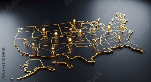 United States Map with Gold Lines and Location Pin Markers