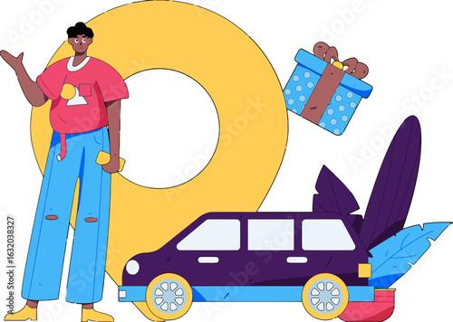 Modern transportation app illustration showing a man, map pin, car, and gift box, perfect for delivery services, ride sharing, and festive promotions with a clean, trendy, and eye-catching design