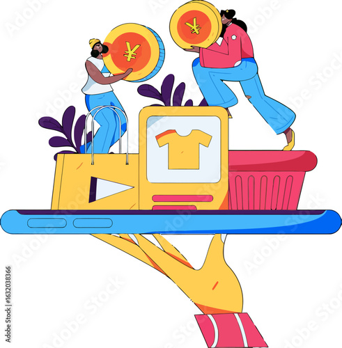 Online shopping marketplace with diverse shoppers buying fashion, adding value, hand holding mobile store, digital commerce, currency, and modern digital lifestyle, e-commerce