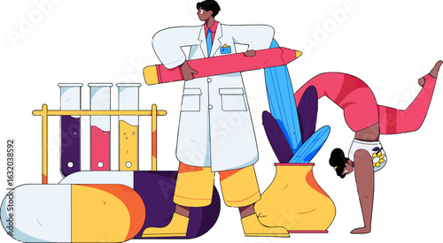 Modern healthcare professional holding oversized pencil alongside yoga practitioner in handstand pose, creative wellness concept with laboratory equipment, innovative scientific research and holistic 