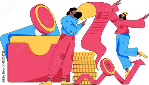 Financial wellness and planning illustration with people managing money, celebrating success, analyzing bills, and growing investments, ideal for budgeting and finance apps