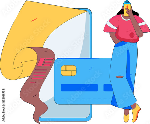 Modern illustration of a person with a cell phone, next to a credit card and a bill, ideal for financial literacy blogs, budgeting apps, and promoting smart spending habits for young adults