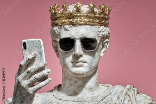 Modern sculpture of a crowned Roman emperor using a smartphone against a pink background
