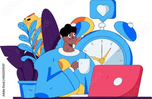 Productive freelancer enjoying coffee break with laptop and social media notifications, balancing work and well-being, modern digital lifestyle, time management illustration, work life balance