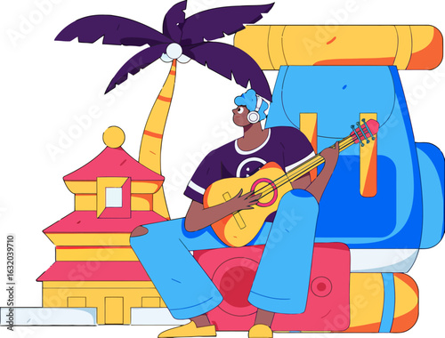 Vibrant illustration of a traveler playing guitar near a tropical building with a palm tree, showcasing travel vibes and musical inspiration for a modern and youthful audience