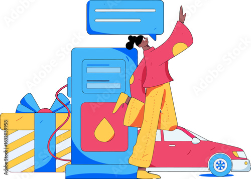 Fueling Up for Fun A vibrant illustration depicts a car, gas pump, and gift, symbolizing savings and rewards, ideal for promotions, advertising, and content marketing related to fuel or travel