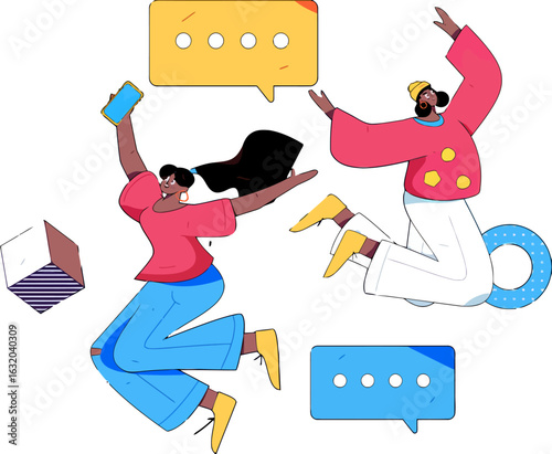 Two diverse women jumping with joy celebrating online communication and social media success with chat bubbles, perfect for digital marketing and vibrant engaging content illustration