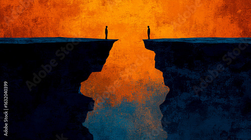 Two people standing on opposite sides of an endless chasm