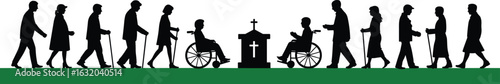 Silhouette of elderly people walking, using canes, wheelchairs, cemetery scene, funeral concept, life cycle illustration, aging journey, mourning