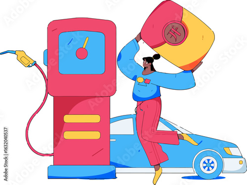 Cheerful woman filling up her car with fuel and celebrating a road trip, embracing freedom and adventure, perfect for travel blogs, lifestyle content, or transportation services promotions