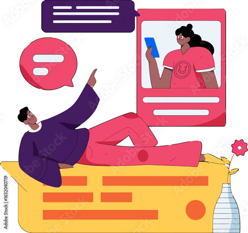 Engaging vector illustration of people connecting through social media and mobile devices, perfect for digital communication, online networking, and modern lifestyle concepts, staying connected