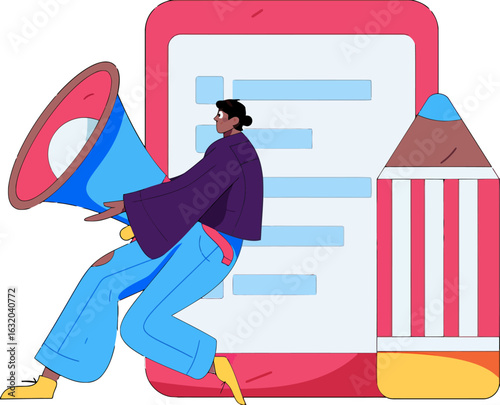 Drive engagement with a modern marketing campaign featuring a young professional amplifying your message with a creative megaphone and compelling content creation for digital success