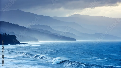Ocean waves meet misty mountains water coast