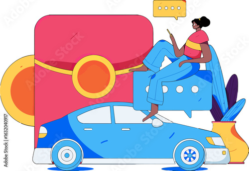 Empowered woman using mobile tech for car sharing and ride hailing services, seamlessly integrating digital communication with modern transportation for convenient urban lifestyle and connection