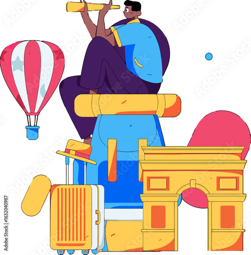 Inspiring travel adventures await as a young man explores the world, dreaming of vibrant destinations and unforgettable journeys, ready for exploration with luggage and a sense of wanderlust