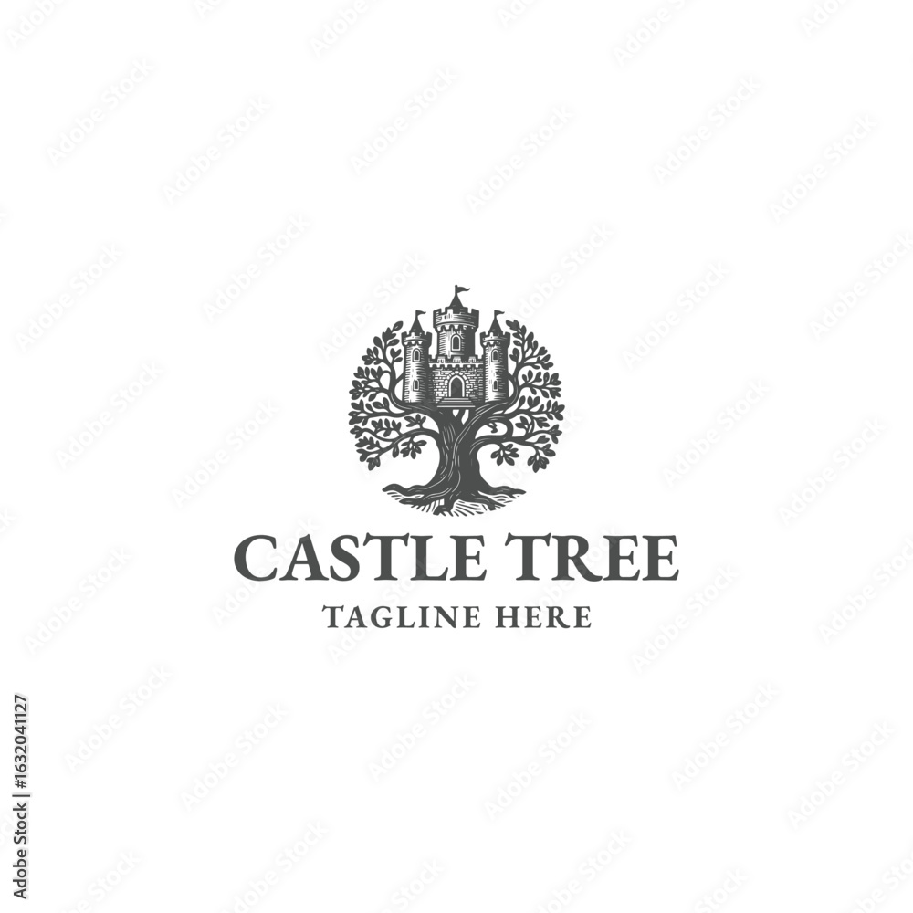 Naklejka premium Castle of tree logo vintage vector design artwork illustration