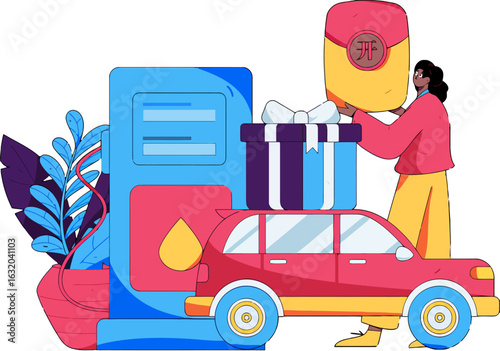 Fueling up for holiday cheer, a vibrant illustration of a car getting gas, a gift, and festive vibes, perfect for holiday promotions, travel campaigns, and seasonal marketing materials