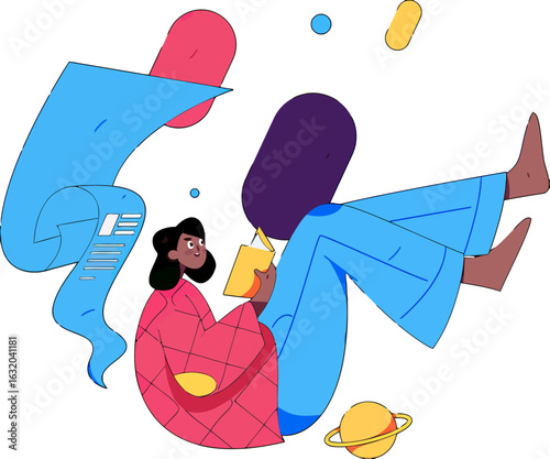 Dive into Learning A young person floats serenely immersed in a book, surrounded by abstract cosmic elements, promoting knowledge, imagination, and educational advancement in a vibrant, modern style