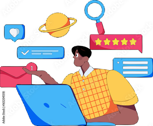 Boost your business with online marketing and social media engagement, reach for the stars, track performance and reply to messages, a digital marketing manager at work