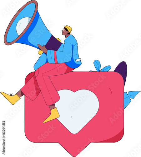 Drive social media engagement with a modern illustration of a person announcing from a love heart speech bubble, perfect for marketing campaigns and online promotions to boost your brand