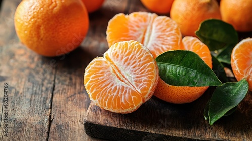 Fresh mandarin oranges on a rustic wooden table.
