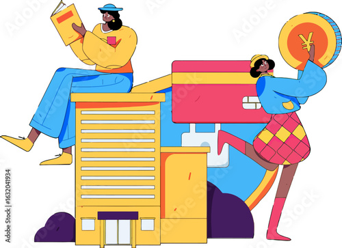 Vibrant financial literacy illustration featuring a woman reading on a building and another with a Yen coin near a credit card, perfect for modern banking and investment promotions, conveying trust an