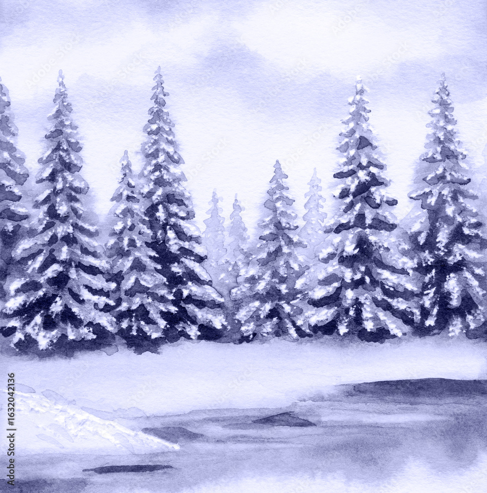 Fototapeta premium Watercolor landscape. Fir trees in a winter forest