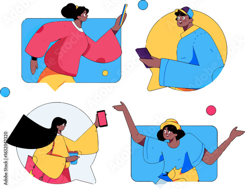 Diverse group chatting online using mobile devices and speech bubbles, connecting through social media for digital communication and virtual community, promoting inclusivity and global connectivity