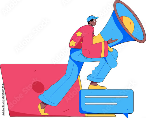 Bold influencer with megaphone promoting message, reaching target audience, driving buzz, marketing campaign success, announcement, advertising, communication, attention, vector