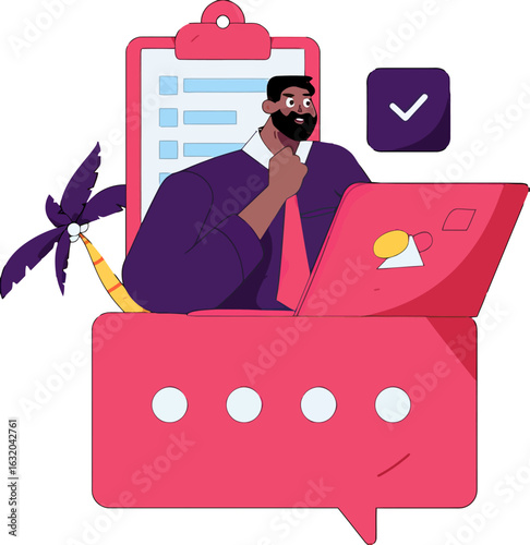 Remote worker enjoying tropical vibes while managing tasks, staying connected and productive with checklist and laptop, embracing the digital nomad lifestyle and achieving work life balance