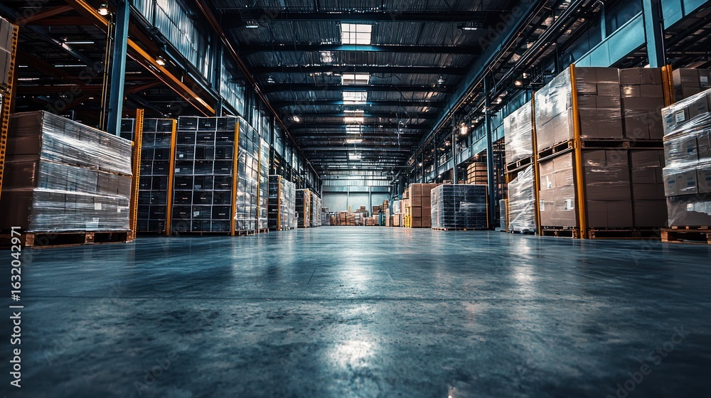Fototapeta premium A large, empty warehouse with rows of pallets and boxes.