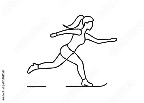 Elegant single line art drawing of a female ice skater performing a graceful move isolated on white background