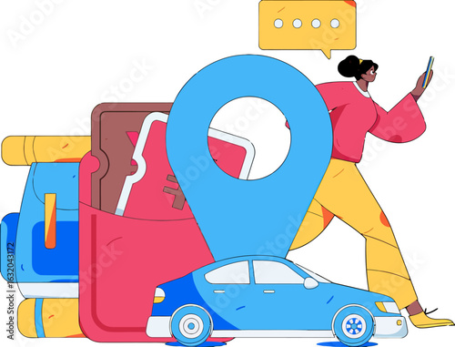 Get around town with ease using ride share and digital wallet for seamless transportation with a woman using her phone for navigation and communication, representing modern mobility